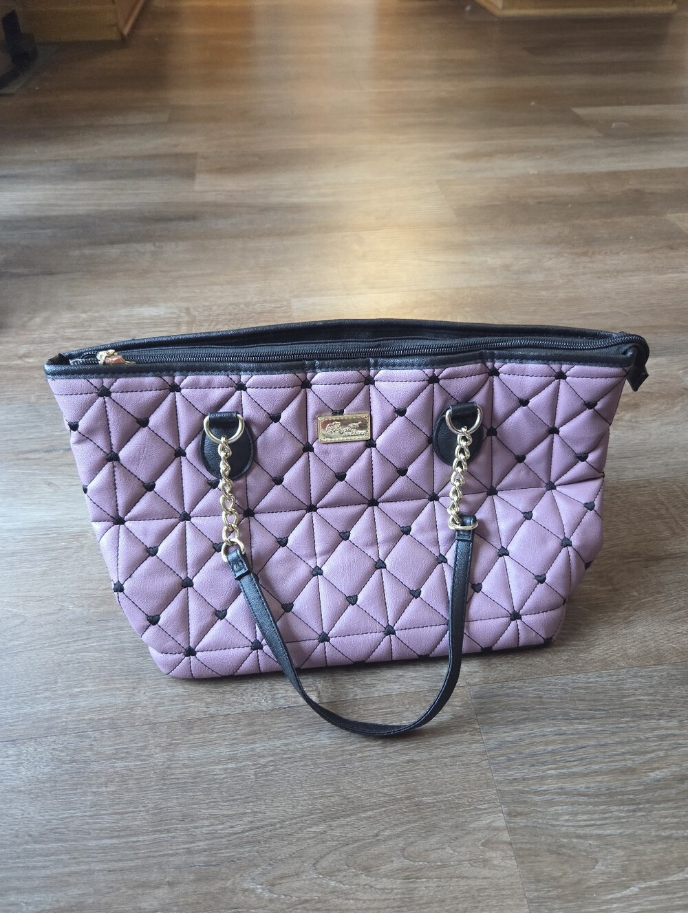 Luv Betsey by Betsey Johnson Black and Purple Quilted Tote Bag Purse - Picture 2 of 14